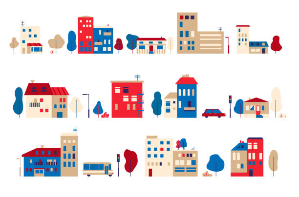 ilustrações de stock, clip art, desenhos animados e ícones de a set of small houses in a toy flat style - car city