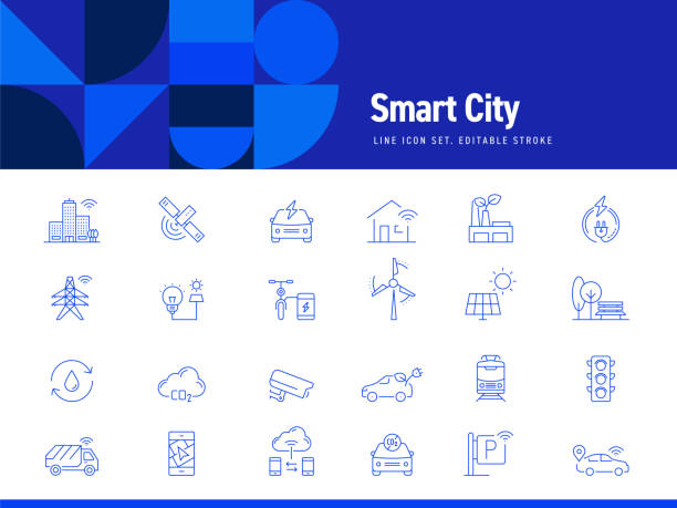 illustrazioni stock, clip art, cartoni animati e icone di tendenza di set di icone di linea correlate alla città intelligente. tratto modificabile. icone di contorno semplici. - smart city