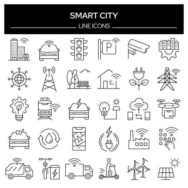 illustrazioni stock, clip art, cartoni animati e icone di tendenza di set di icone di linea correlate a smart city. insieme outline symbol, tratto modificabile - smart city