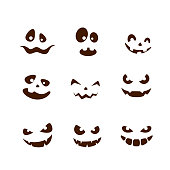 Set of facial expressions for Halloween with smile on white background, illustration.