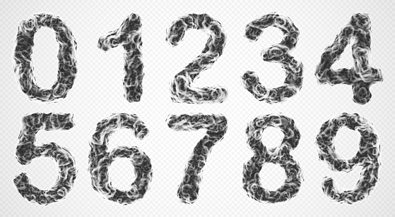 Set of smoky 3D numbers. Realistic smoke clubs or clouds in shape of numbers on white background. Magical digits made of mystery fog.