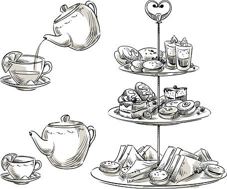 Set of snacks on a tray. Teatime. Vector sketch.