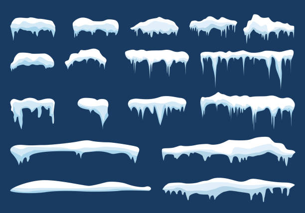 Set of snow icicles, snow cap isolated. Snowy elements on winter background. Vector template in cartoon style  ice stock illustrations