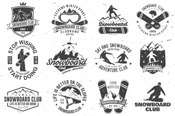 ilustrações de stock, clip art, desenhos animados e ícones de set of snowboard club badges - snowboard