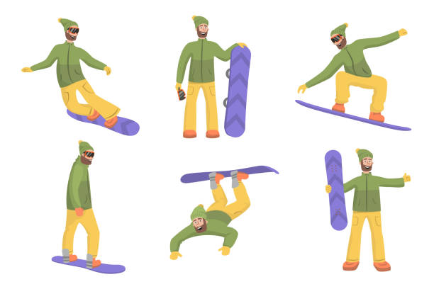 stockillustraties, clipart, cartoons en iconen met reeks snowboarders in verschillende stelt bij skioord. - posing with ski
