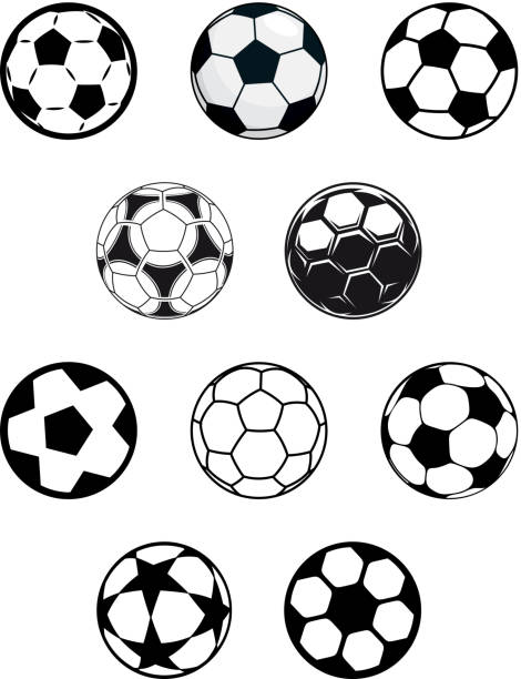Set of soccer or football balls Set of different black and white soccer or football balls with a variety of pentagonal patterns, isolated on white background soccer ball stock illustrations