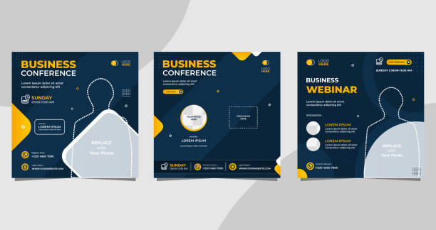 Set of social media post template for Business conference Webinar with Navy and Orange background vector art illustration