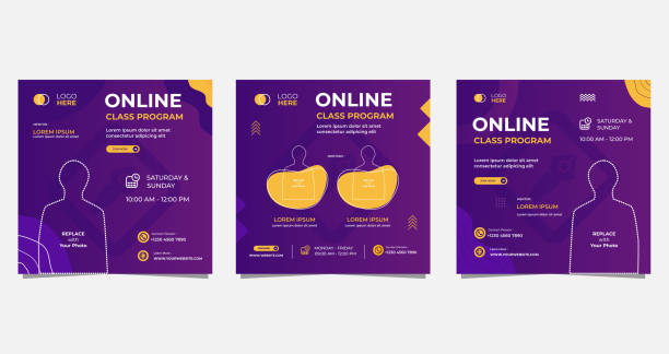 Set of social media post template for Online class program with Purple and Yellow background vector art illustration