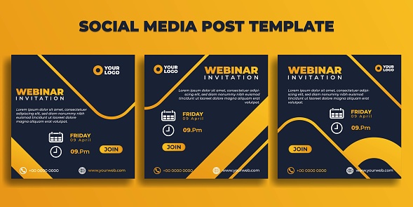 Set of Social media post template. Webinar invitation banner with dark blue and yellow color design