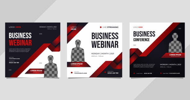 Set of social media templates for Business Webinar, Marketing Webinar business conference and other seminars on black and white background and red ribbon vector art illustration