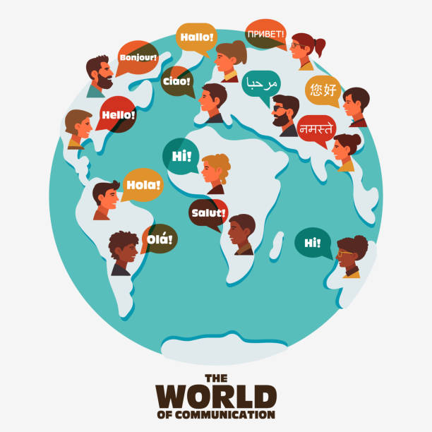 Set of social people on World map with speech bubbles in different languages Set of social people on World map with speech bubbles in different languages. Male and female faces avatars. Communication, chat, assistance, interpretation and people connection vector concept linguistics stock illustrations