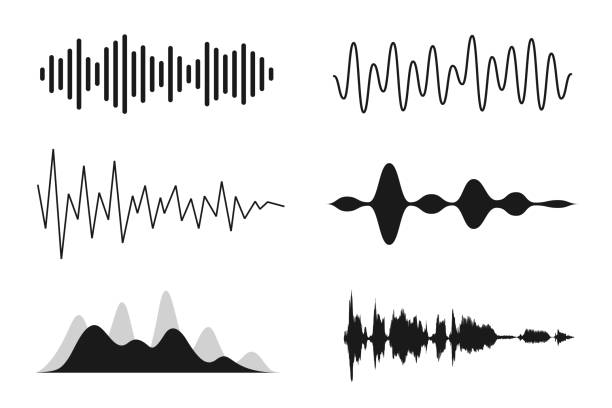 Set of sound waves. Analog and digital line waveforms. Musical sound waves, equalizer and recording concept. Electronic sound signal, voice recording Set of sound waves. Analog and digital line waveforms. Musical sound waves, equalizer and recording concept. Electronic sound signal, voice recording. Vector sound recording equipment stock illustrations