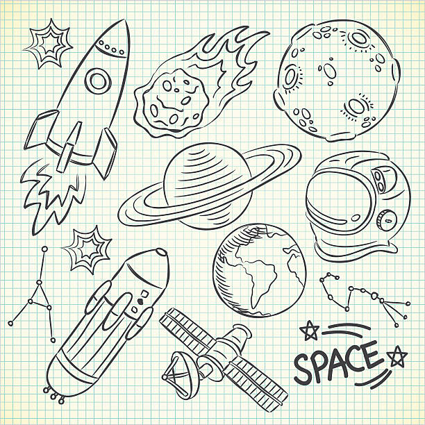 set of space doodle set of space doodle rocketship drawings stock illustrations