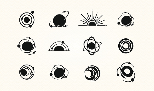 Set of Space icons, Logos. Galaxy signs with Orbitz planets in round icon and radial rays of sunburst for logo IT, ecology, concept design from space exploration, astrology. Vector illustration.