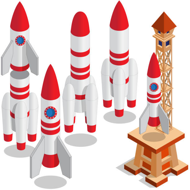 A set of space rockets. Isometric. Vector illustration. spaceport stock illustrations
