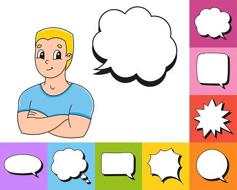 Set of speech bubbles of different shapes. With a cute cartoon character. Hand drawn. Thinking balloons. Vector illustration isolated on white background. Comic doodle style.