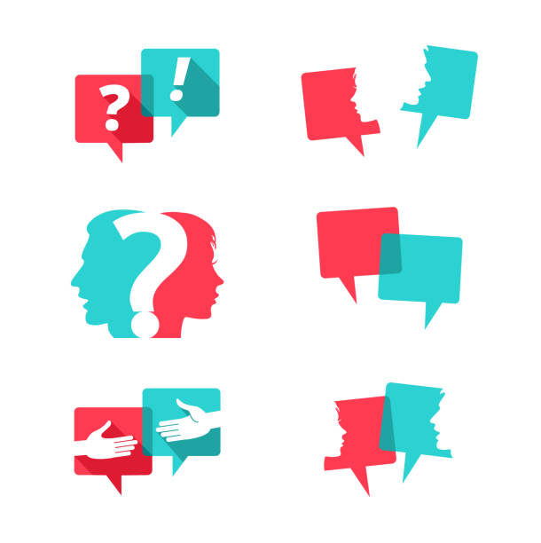 Set of speech bubbles with people and question mark Set of speech bubbles with people faces, handshake and question mark presentation speech silhouettes stock illustrations