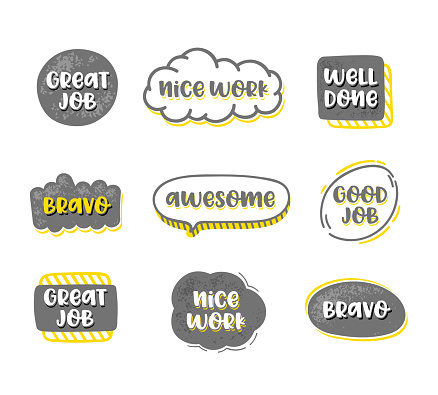 Set of Speech Bubbles with Quotes Great Job, Nice Work, Well Done, Bravo and Awesome Isolated on White Background. Good Worker Praise, Design Elements Collection, Vector Illustration, Icons or Tags