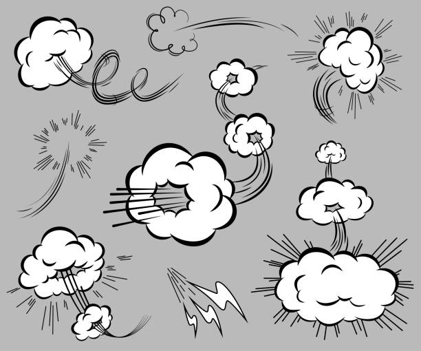 Set of speed elements in the style of comics. Isolated blasting clouds with moving trails. Vector illustration. cumulus cloud stock illustrations