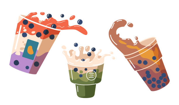 Set of Splashing Bubble Tea in Plastic Cups. Beverages with Bubbles and Splatters Swirls. Cold Drink Splashing in Mugs Set of Splashing Bubble Tea in Plastic Cups. Beverages with Bubbles and Splatters Swirls. Cold Drink Splashing in Takeaway Mugs. Healthy Matcha Beverage Advert for Cafe, Cartoon Vector Illustration smoothie designs stock illustrations