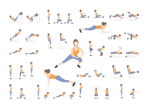 ilustrações de stock, clip art, desenhos animados e ícones de set of sport exercises - elemento ginásio