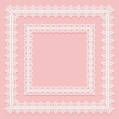 Set of square lace frames. White on pink background. Vector illustration