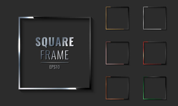Set of square metallic border frame silver, golden, pink gold, copper, red, green on black background. Set of square metallic border frame silver, golden, pink gold, copper, red, green on black background. Luxury style. Vector illustration metal borders stock illustrations