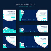 Set of square web banners with image space. Template for social media in blue. Vector illustration.