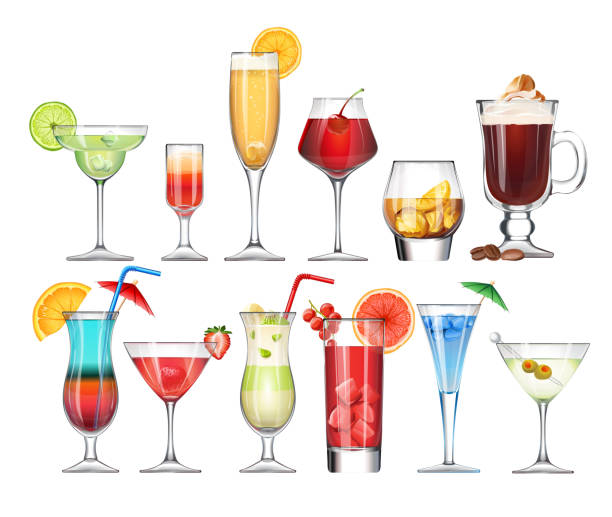 Set of stemware and glasses with cocktail Vector set of stemware and glasses with cocktail. realistic, style dirty martini stock illustrations