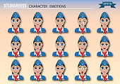 Set of stewardess emoticons. Various emotions of the character. Set of avatar icons. Vector illustration.