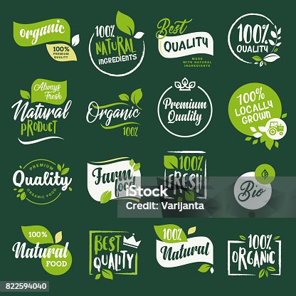istock Set of stickers and badges for organic food and drink, restaurant, food store, natural products, farm fresh food,  e-commerce, healthy product promotion. 822594040