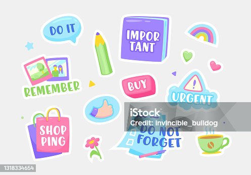 istock Set of Stickers Do not Forget, Important, Urgent and Buy. Shopping, Remember and Do It Notification Sticky Symbols 1318334654
