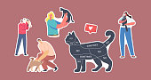 Set of Stickers People and Pets Theme. Cat with Infographics on Body Yes, No, Sometimes. Owners Characters Caress of their Animals, Spending Time with Kittens. Cartoon Vector Illustration