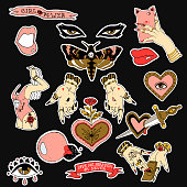 istock Set of stickers, pins, patches and handwritten notes collection in cartoon. Hands, mole, heart, eye and letterings. Be my babe. Not your babe. Print on tshirts and other materials. 869041618