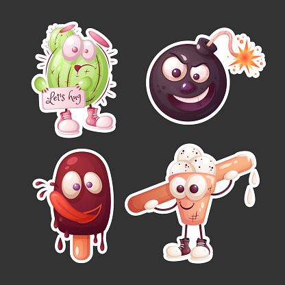 Set of stickers. Sad cactus, angry bomb, popsicle and ice cream.