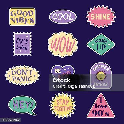 istock A set of stickers with abstract shapes and quotes in the style of the 1990s. Vector colorful elements isolated on a dark background. 1402921967