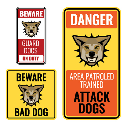 Set of stickers with beware bad dog signs vector illustration