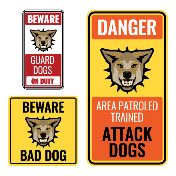 Set of stickers with beware bad dog signs vector illustration Set of stickers with beware bad dog signs vector illustration on white background. Angry guard dogs on precaution posters. Area patrolled trained attack canine purebreds animals guard dog stock illustrations