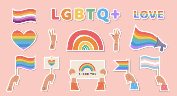 一套帶有lgbtq符號的貼紙。lgbt，變性和女同性戀旗幟。彩虹之心手拿標語牌。驕傲月慶祝活動。同性戀遊行用於列印的平面樣式圖示。 - 同性戀者 幅插畫檔、美工圖案、卡通及圖標