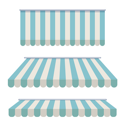 A set of striped awnings, canopies for the store. Awning for the cafes and street restaurants. Vector illustration isolated on white background.