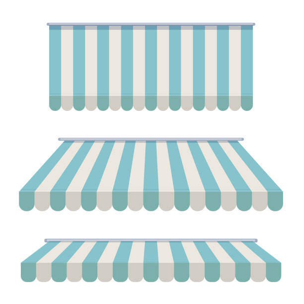 A set of striped awnings, canopies for the store. Awning for the cafes and street restaurants. Vector illustration isolated on white background. A set of striped awnings, canopies for the store. Awning for the cafes and street restaurants. Vector illustration isolated on white background canopy stock illustrations
