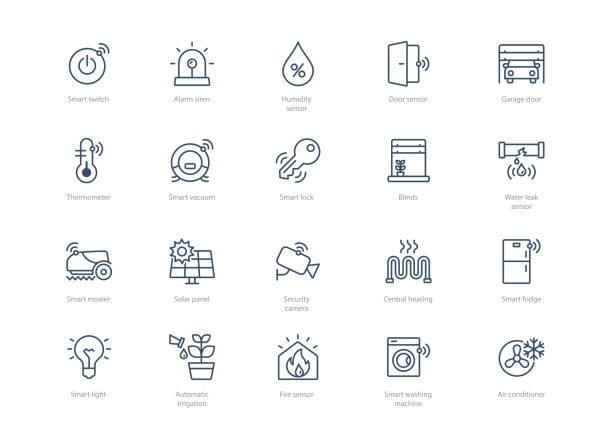 Set of stroke smart home icons Set of stroke smart home icons isolated on light background. Contains such icons Smart lock, Thermometer, Garage door, Air conditioner, Smart vacuum cleaner and more. window symbols stock illustrations