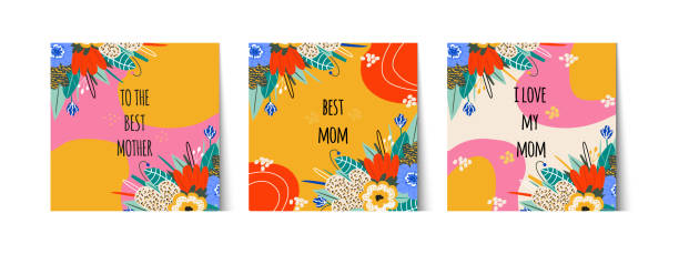 set of stylish cards for mother's day or mom's birthday. Greeting lettering best mom, I love my mom. Bouquet, gift label. Bright flowers and leaves. Vector illustration set of stylish cards for mother's day or mom's birthday. Greeting lettering best mom, I love my mom. Bouquet, gift label. Bright flowers and leaves. Vector illustration mother patterns stock illustrations