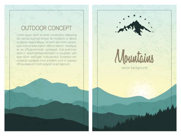 Set of stylish outdoor cards template. Vector backgrounds with green mountains. Front and back page. brochure silhouettes stock illustrations