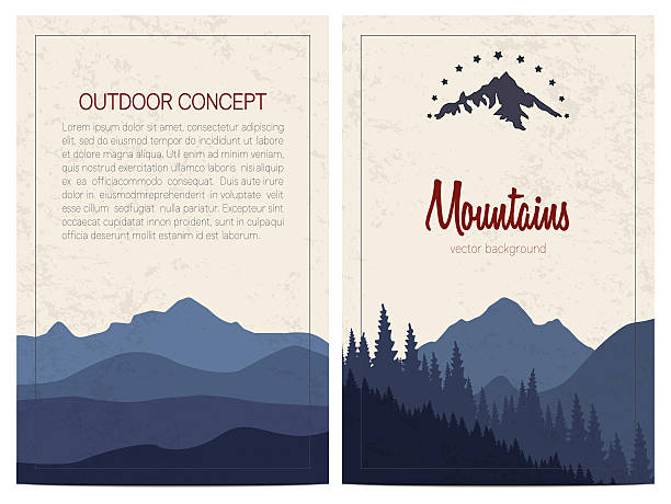 Set of stylish outdoor cards template Vector backgrounds with blue mountains. Front and back page. brochure silhouettes stock illustrations