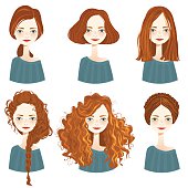 Set of six cute redhead girl characters with different hair styles on white background. Cute girls avatars. Vector illustration.