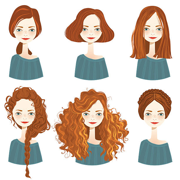 Set of stylish women's hairstyles. Set of six cute redhead girl characters with different hair styles on white background. Cute girls avatars. Vector illustration. hairstyle illustrations stock illustrations