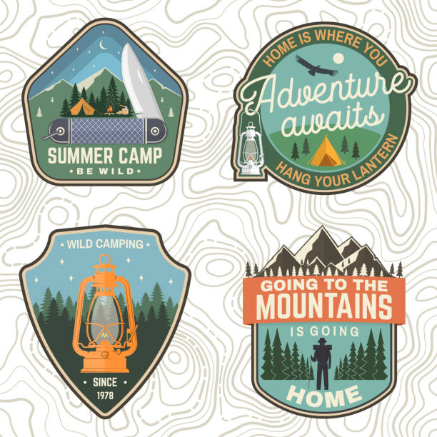 Set of Summer camp patches. Vector. Concept for shirt, stamp, apparel or tee. Vintage design with lantern, pocket knife, campin tent, axe, mountain, campfire and forest silhouette. Set of Summer camp patches. Vector. Concept for shirt, print, stamp, apparel or tee. Vintage design with lantern, pocket knife, campin tent, axe, mountain, campfire and forest silhouette boy scout camp stock illustrations