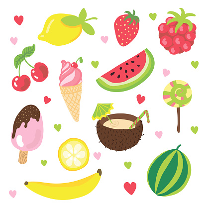 ✓ Imagen de Conjunto de frutas de verano, helados y otros alimentos con  humor feliz relax, verano y vacaciones. Verano dibujos animados mano  dibujar elementos de frutas dulces, helado, lolipop. Alimento de