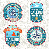 Set of summer sailing camp patches. Vector. Concept for shirt, print, stamp or tee. Vintage typography design with sea anchors, hand wheel, sail boat and rope knot silhouette. Ocean adventure.
